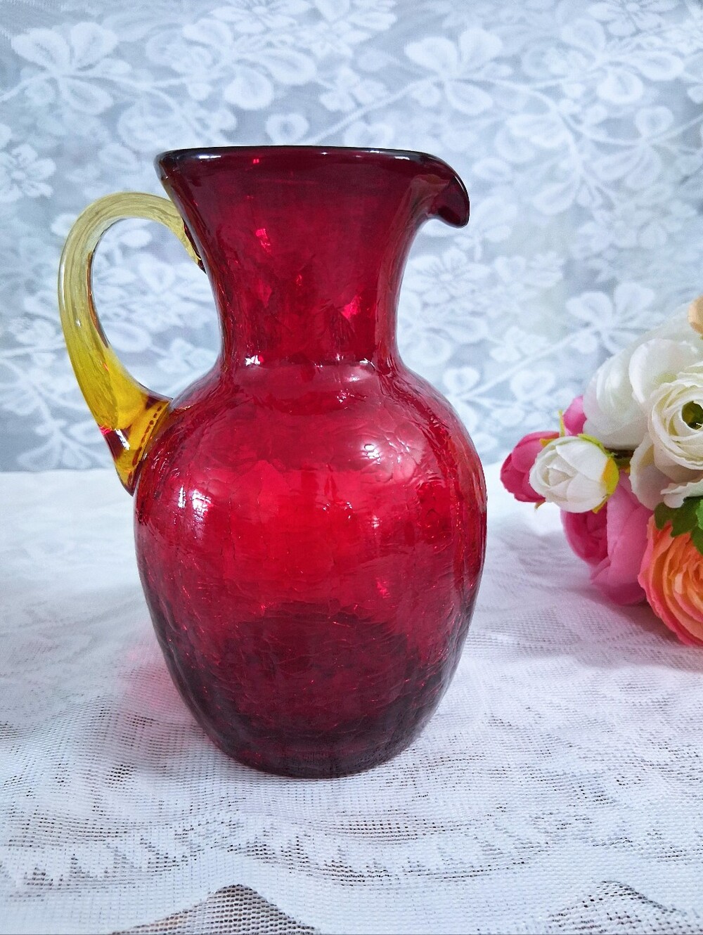 Vintage Pilgrim Garnet Red Crackle Glass Creamer Pitcher Mid-Century MCM Art
